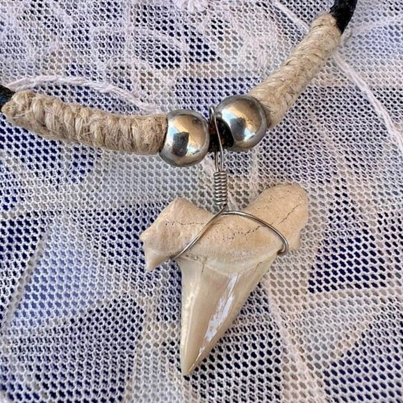 Vintage 90's Natural Shark Tooth Surfer Leather Cord Necklace - Picture 3 of 8